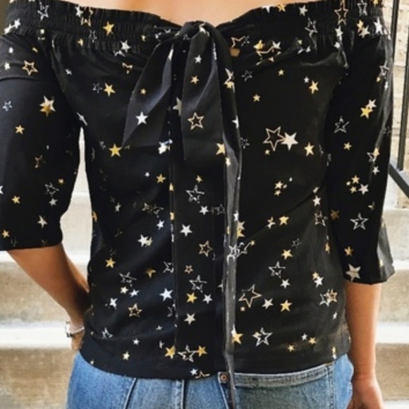 Gold Metallic Star Print Black Off Shoulder Top - Picture 5 of 8